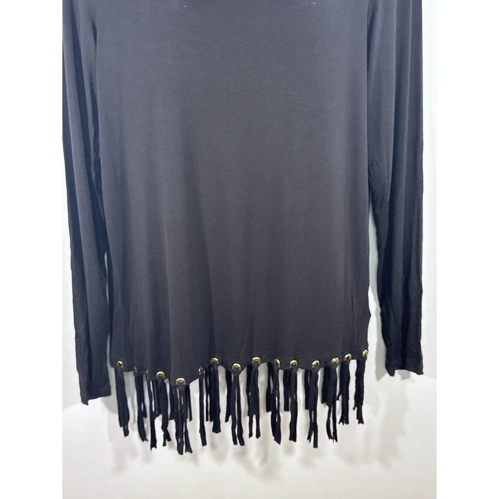 Michael Kors‎ Womens Black Fringe Grommet Long Sleeve Top Scoop Neck Small